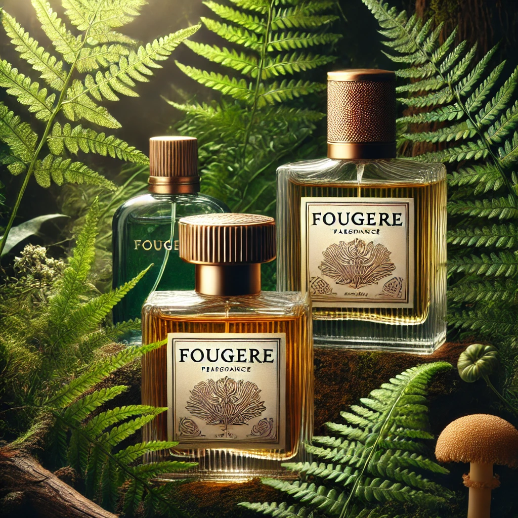 An image showcasing fougere fragrances, with bottles designed in a classic and masculine style, set against a backdrop of lush green ferns and forest title=