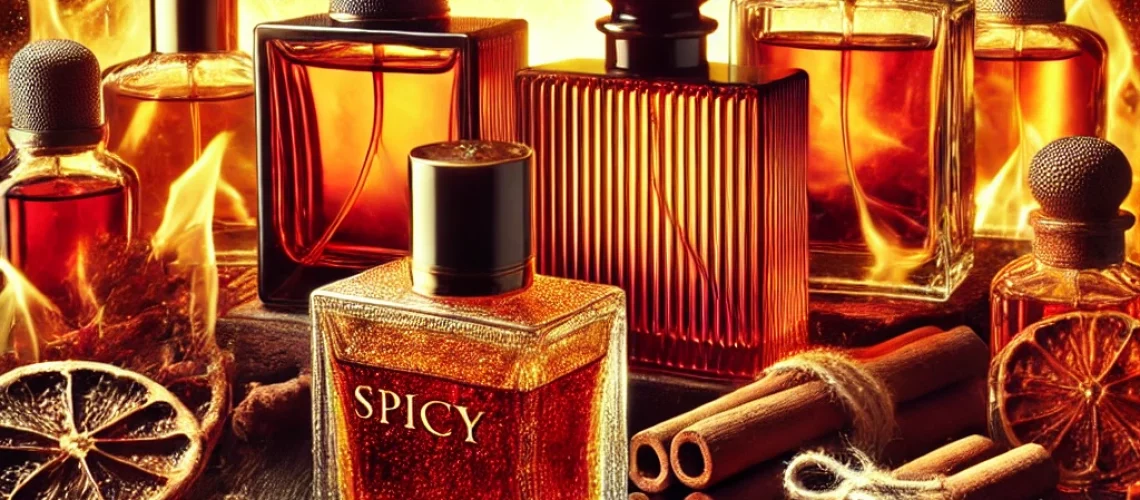 A bold and intense scene featuring spicy perfumes, with bottles designed to reflect the heat and exotic nature of spicy fragrances, surrounded by spic