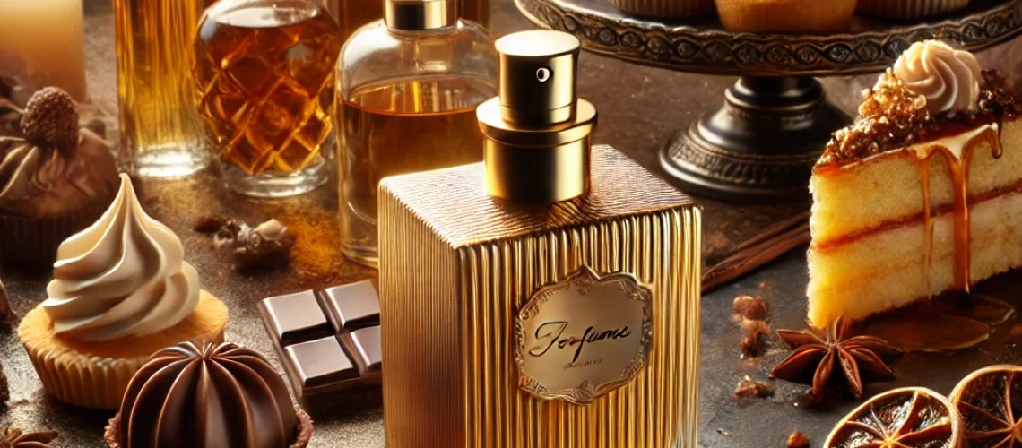 A luxurious scene featuring gourmand perfumes, with bottles designed to reflect rich and indulgent scents like vanilla, chocolate, and caramel, surrou