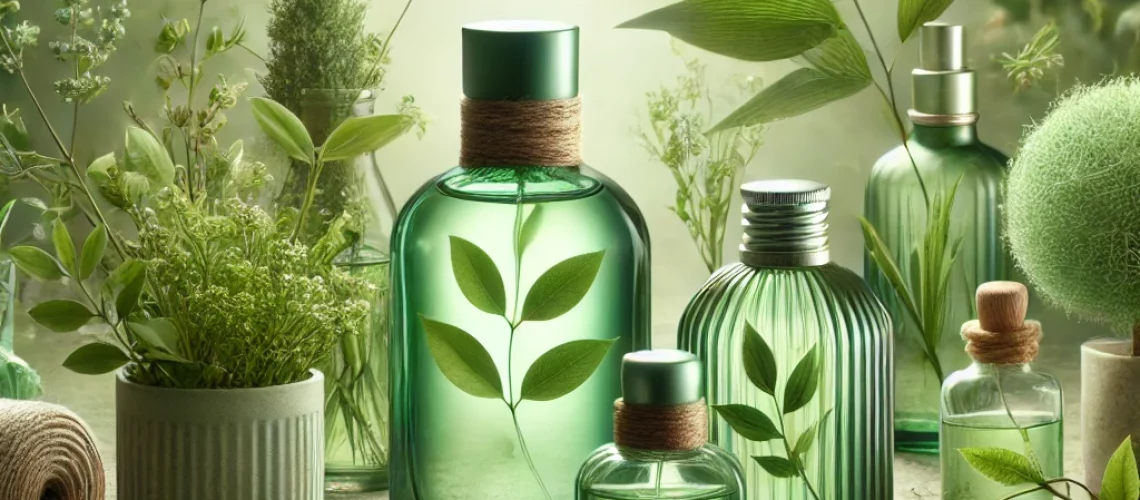 A natural and fresh scene featuring green perfumes, with bottles designed to reflect the essence of nature, surrounded by leaves, grass, and trees, se