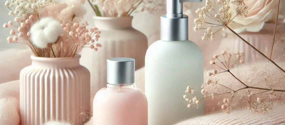 A soft and gentle scene featuring powdery scents, with bottles designed to reflect the delicate and comforting nature of powdery fragrances, set again