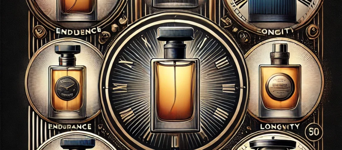 An image featuring 6 bottles of the longest-lasting perfumes, each designed to convey endurance and longevity, set against a strong and durable backgr