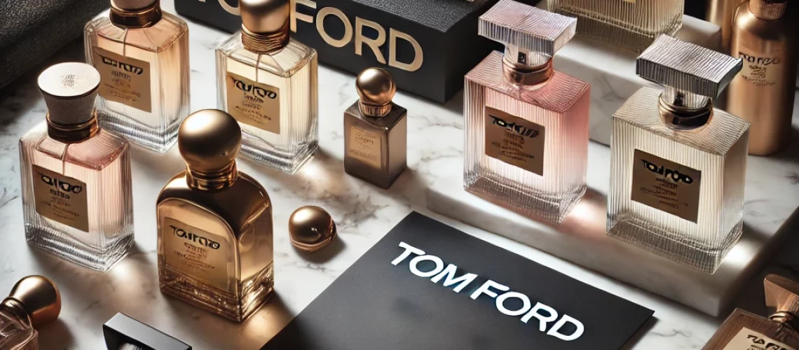 DALL·E 2024-07-21 16.03.25 - A collection of 12 signature perfumes by Tom Ford, each bottle styled in luxurious and sleek designs, arranged elegantly with the Tom Ford branding, o