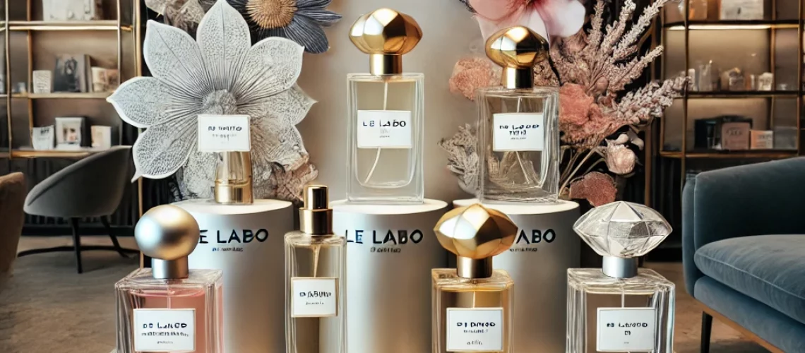 DALL·E 2024-07-21 16.03.29 - A stylish display featuring the top 5 perfumes by Le Labo for 2024, with each bottle uniquely designed to reflect its essence, set against a chic and