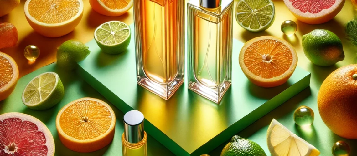 DALL·E 2024-07-21 16.03.32 - A vibrant scene showcasing citrus perfumes, with bottles designed to reflect the zest and freshness of citrus fruits, surrounded by oranges, lemons, l