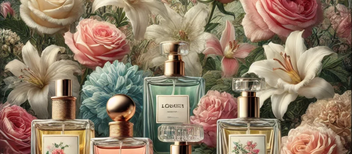 DALL·E 2024-07-21 16.03.36 - An artistic scene with floral perfumes, each bottle designed to reflect various flowers like roses, lilies, and peonies, surrounded by blooming flower