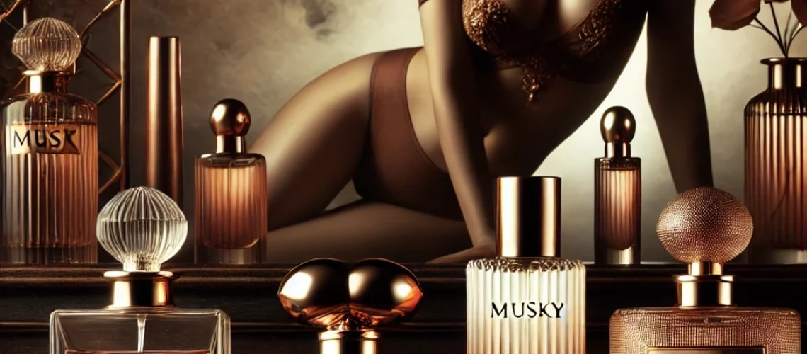 DALL·E 2024-07-21 16.03.39 - A sophisticated display featuring musky perfumes, with bottles designed to reflect the sensual and warm nature of musk, set against a background that