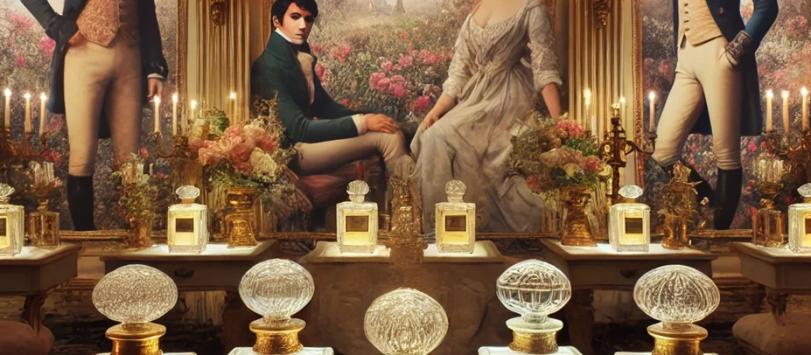 DALL·E 2024-07-21 16.03.42 - An elegant display of classic perfumes inspired by Bridgerton Season 3, with bottles designed in a vintage and timeless style, set against a backgroun